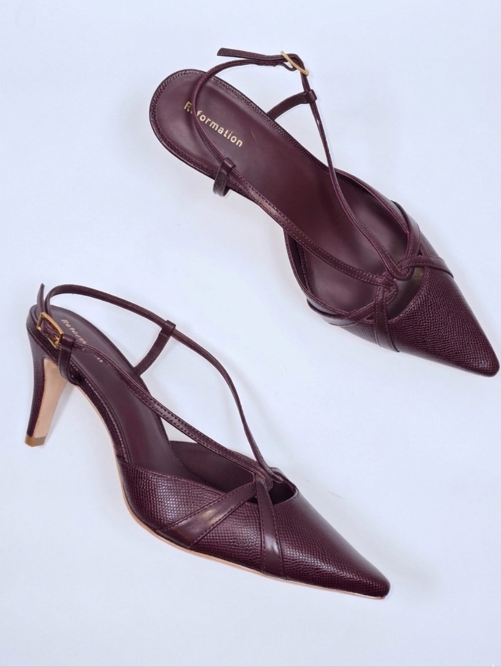Reformation Patty Slingback Burgundy Embossed Leather Pointed Toe Heels Sz 7.5